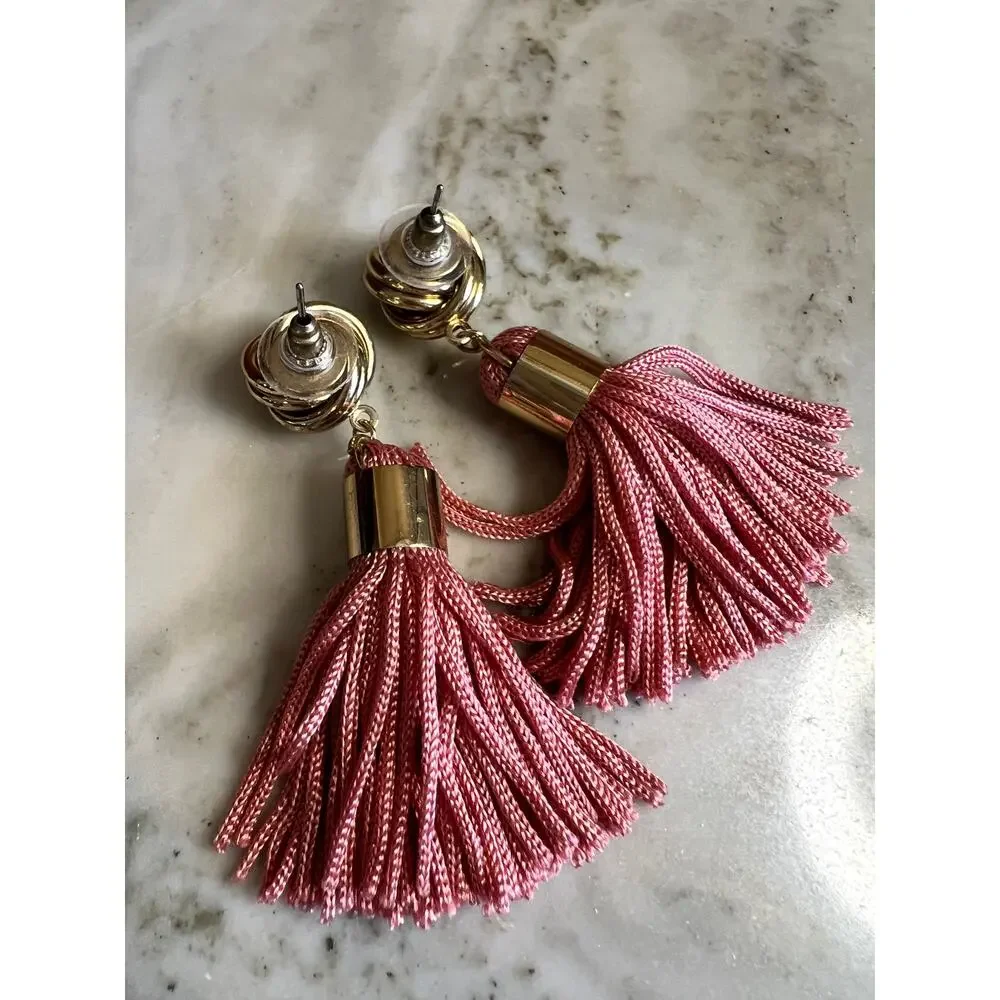 Gold Knot Tassel Drop Statement Earrings Pink Mauve